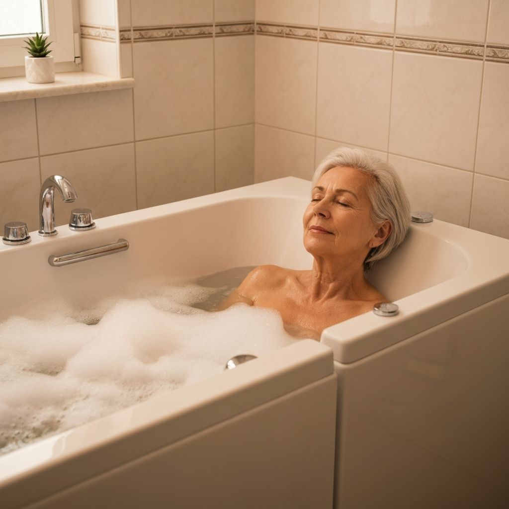 Senior woman relaxing peacefully in a Truly Safe walk-in bath with hydrotherapy jets