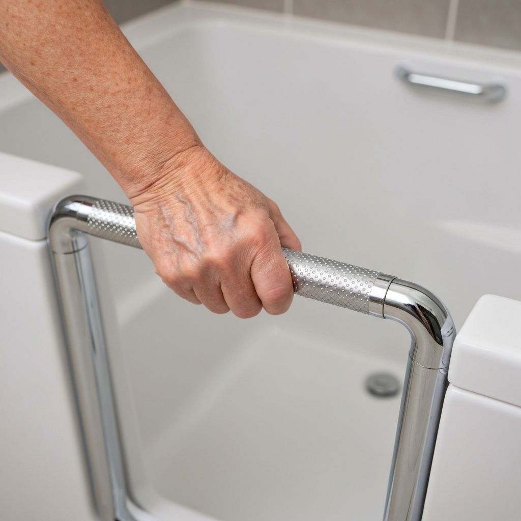 Hand gripping chrome safety grab bar in walk-in bathtub